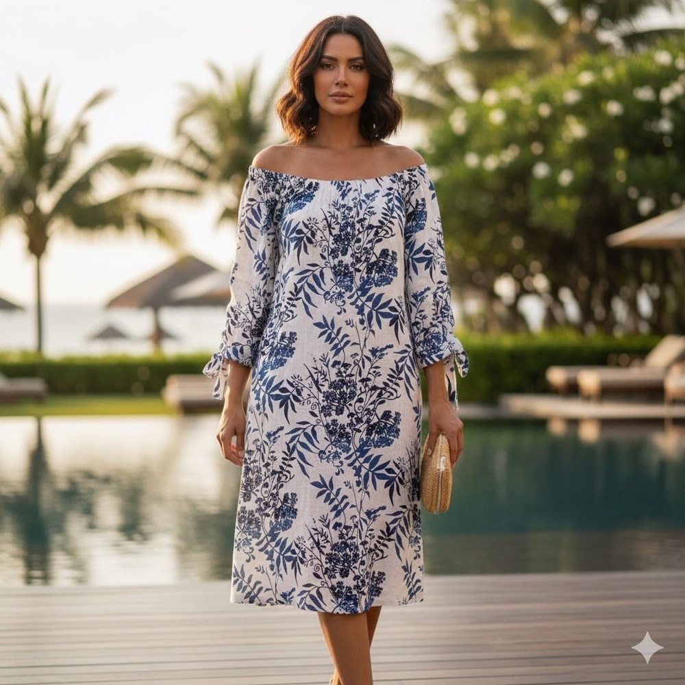 Valentina Naldi Italy Linen Dress Blue Floral Off Shoulder Tie Sleeve S Tropical